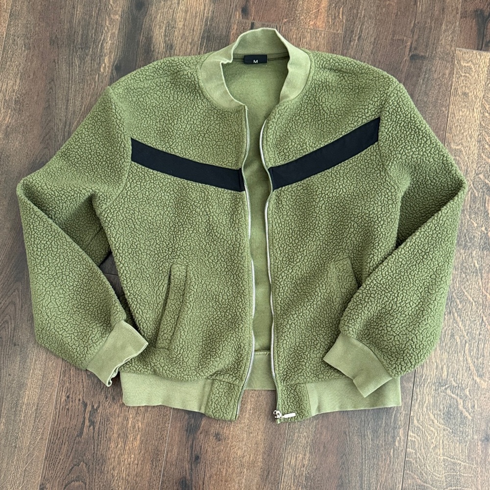 Olive Green Teddy Jacket with Black Accents
